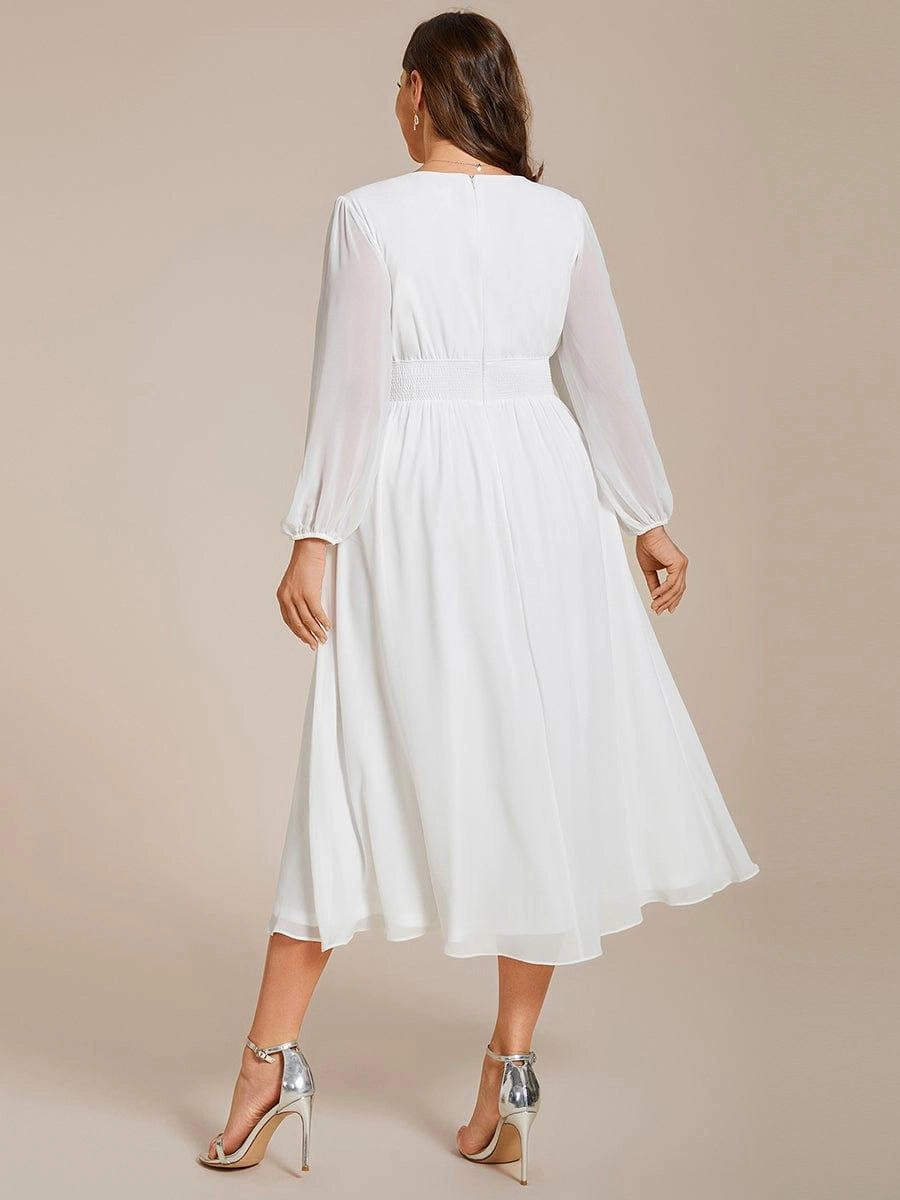 Roselledress Emerald A-Line V-Neck Lantern-Sleeve Solid-Zip-Back Midi Plus Size Weeding Guest Dress
