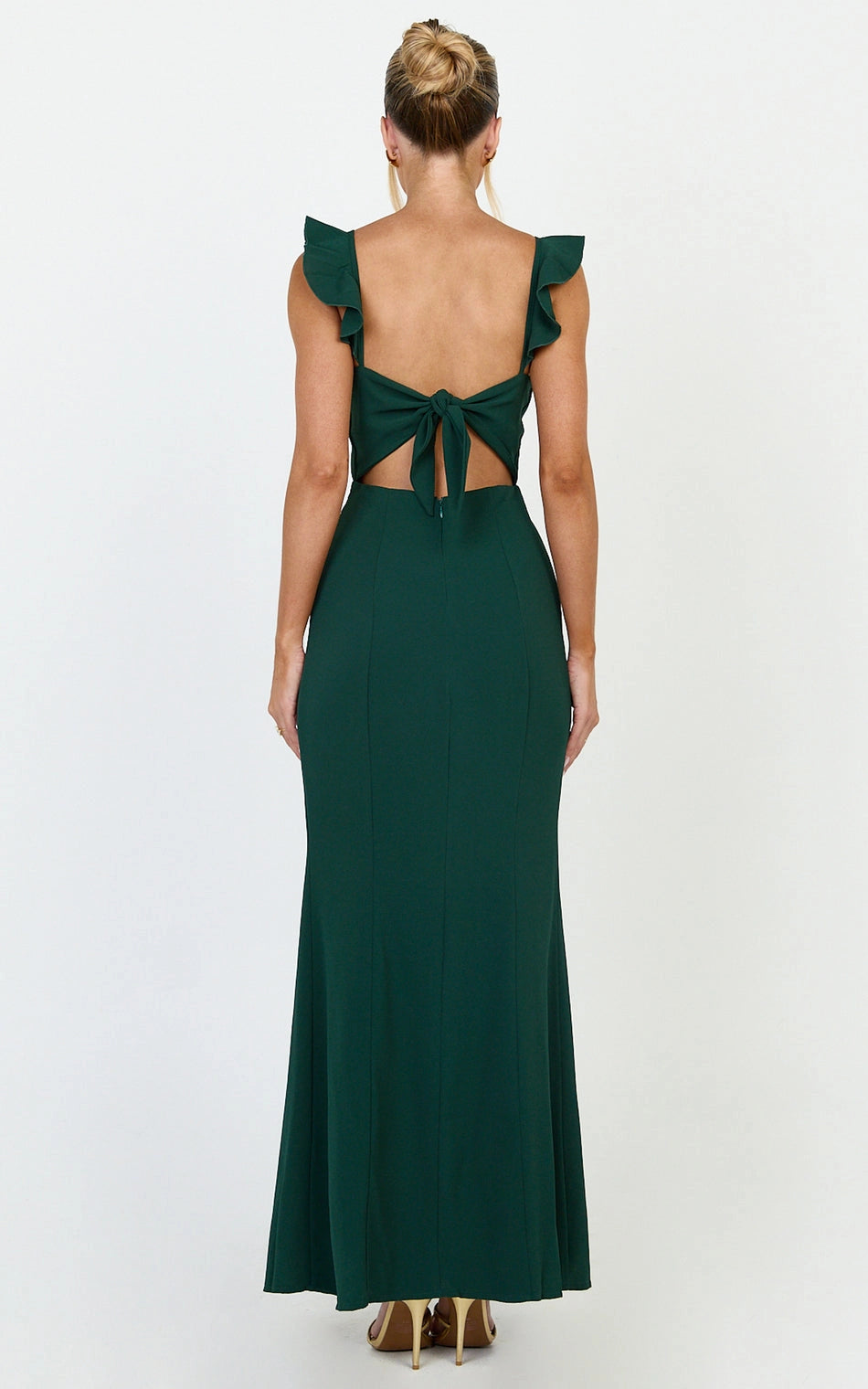 Roselledress tie back cutout ruffle strap plus size maxi dress back view, emerald green bridesmaid dress
