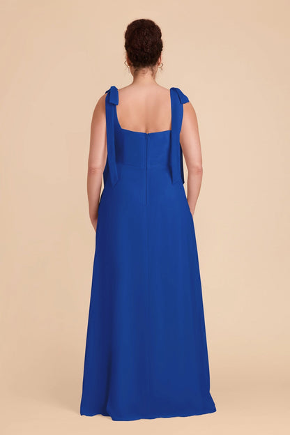 Square open back plus size cobalt blue chiffon bridesmaid dress tie‑strap rear view roselledress