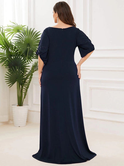 Roselledress Beaded A-Line Plus Size Scoop Cutout Sleeve Zipper Back Floor Weeding Guest Dress