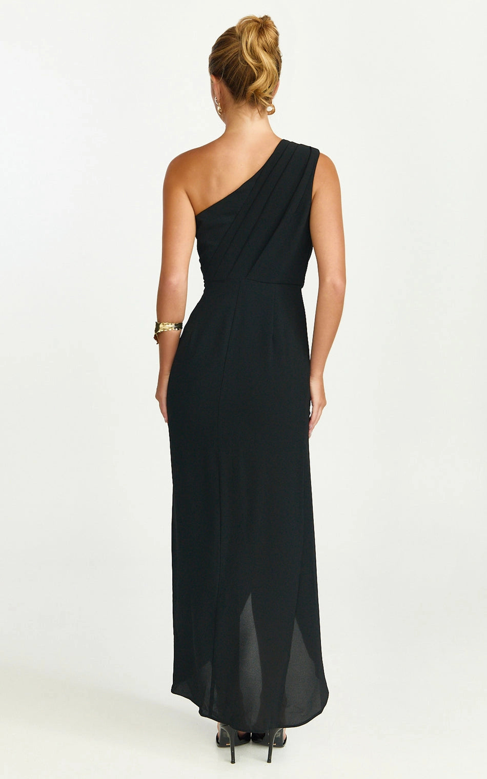 Roselledress one shoulder formal gown plus size plain back draped chiffon maxi bridesmaid dress back view
