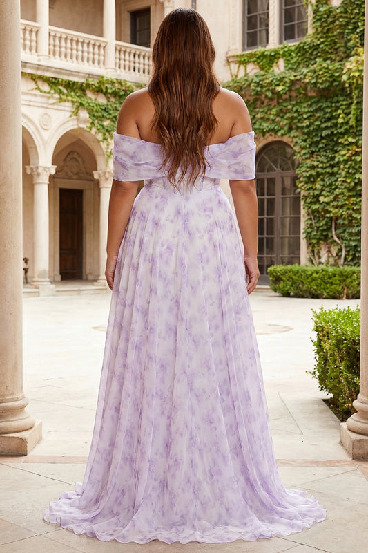 Back view Roselledress lavender floral plus size chiffon prom dress off‑the‑shoulder zip‑back formal gown