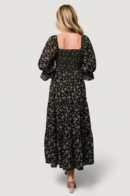 back view roselledress black floral smocked back maxi dress square neck boho long dress
