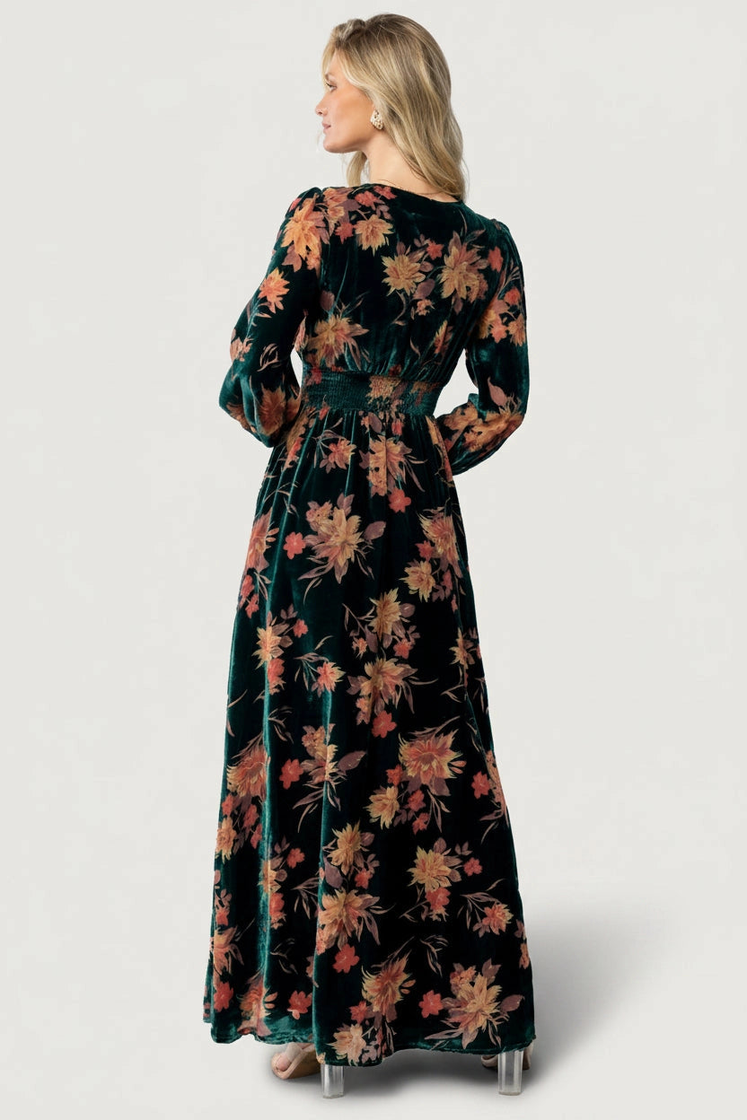 Roselledress printed velvet formal maxi dress full smocked back mother gown rear view