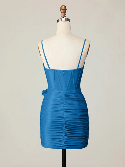 Roselle Dress blue bodycon dress v neck corset plain back ruched skirt mini homecoming dress rear view