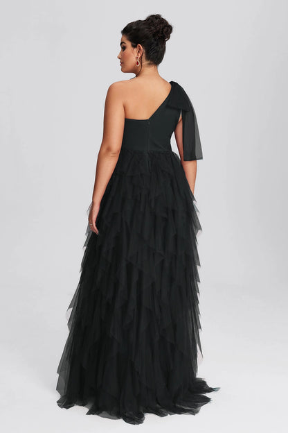 Peacock Plus Size A-Line One Shoulder Closed Back Long Prom Dress