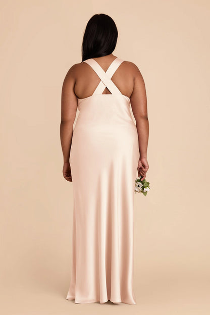 Soft Satin Mermaid V Neck Sleeveless Cross Back Maxi Plus Size Bridesmaid Dress