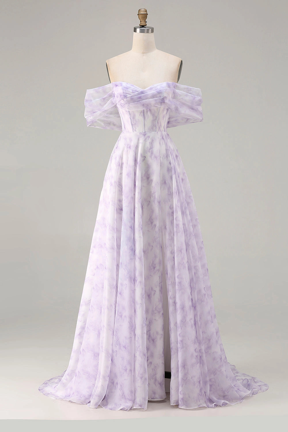 Lavender Floral Plus Size A‑Line Off‑The‑Shoulder Short‑Sleeve Zip‑Back Long Prom Dress 