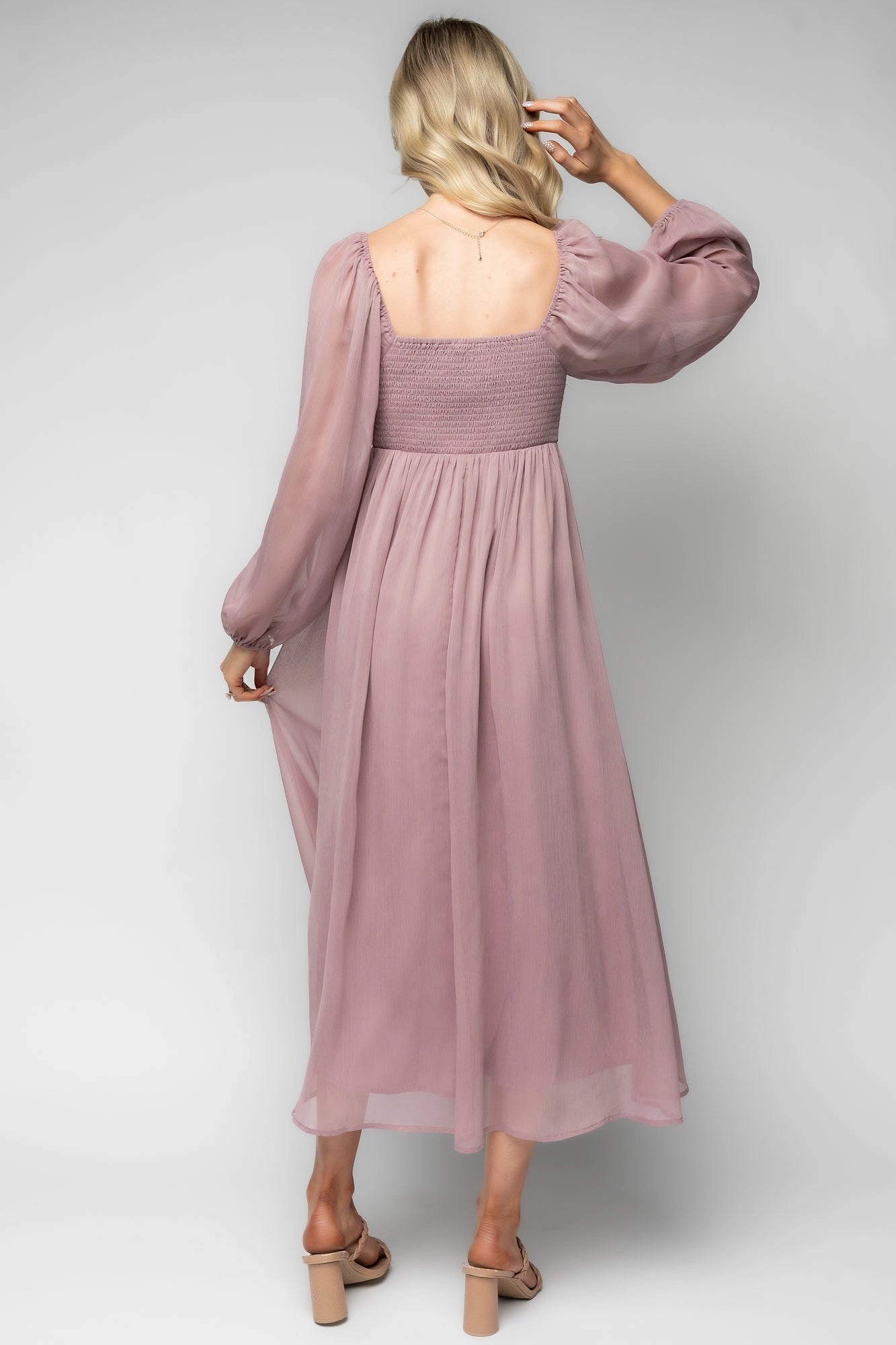back view roselledress mauve chiffon maternity dress smocked square back baby shower midi gown