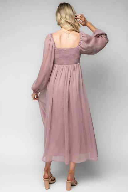 back view roselledress mauve chiffon maternity dress smocked square back baby shower midi gown