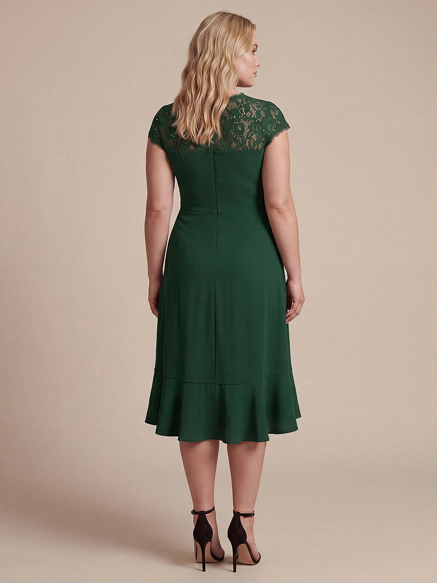 Roselledress Dusty Mauve Wrap V-Neck Lace Cap Sleeve Zip Back Midi Plus Size Weeding Guest Dress