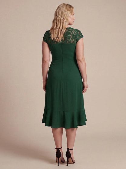 Roselledress Dusty Mauve Wrap V-Neck Lace Cap Sleeve Zip Back Midi Plus Size Weeding Guest Dress