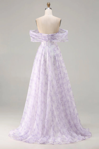 Lavender Floral Plus Size A‑Line Off‑The‑Shoulder Short‑Sleeve Zip‑Back Long Prom Dress 