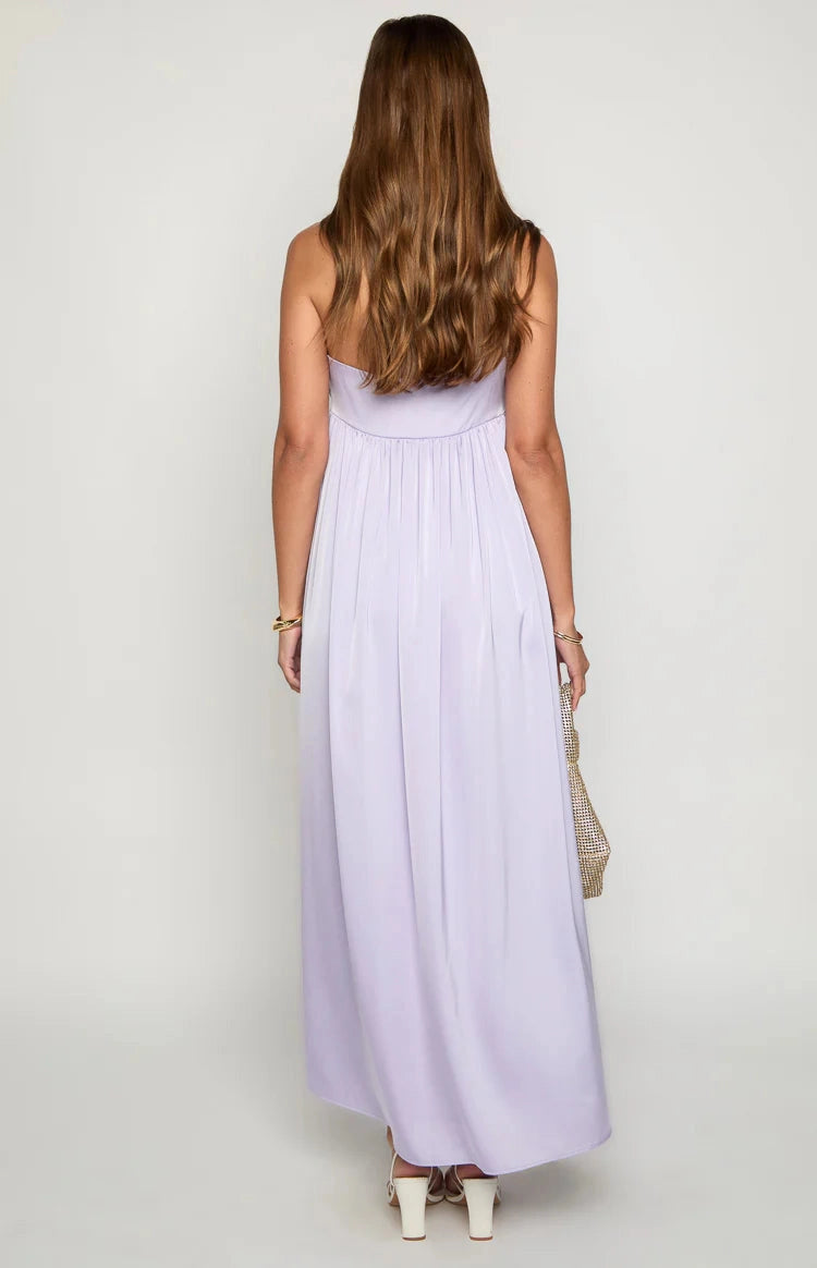 RoselleDress full plain open back lavender satin maxi gown strapless back view