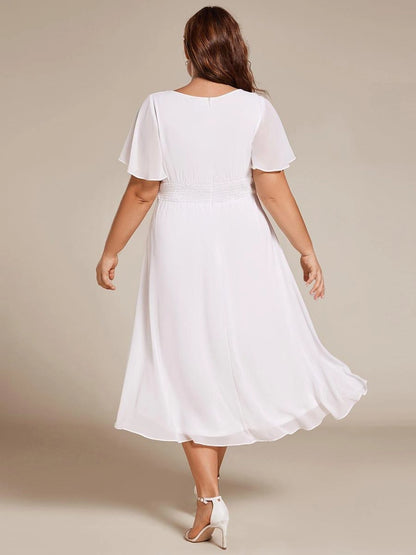 Roselledress Burgundy Round Neck Flutter Sleeve Zip Back High-Low Midi Plus Size Weeding Guest Dress