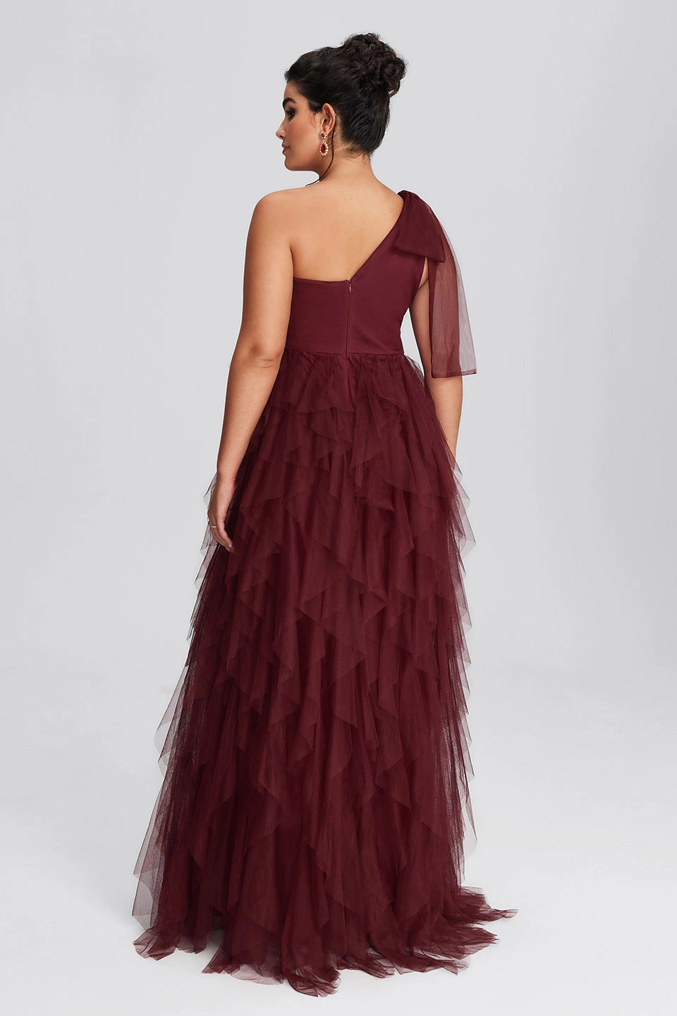 Peacock Plus Size A-Line One Shoulder Closed Back Long Prom Dress
