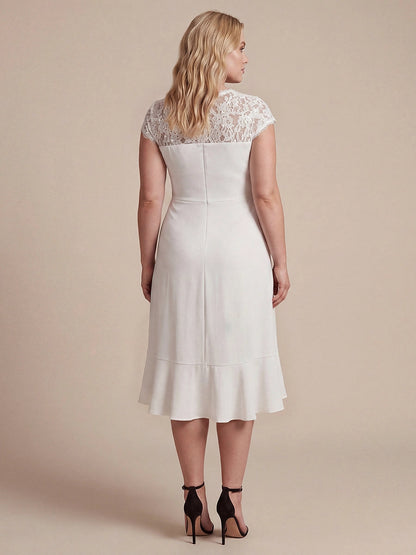 Roselledress Dusty Mauve Wrap V-Neck Lace Cap Sleeve Zip Back Midi Plus Size Weeding Guest Dress