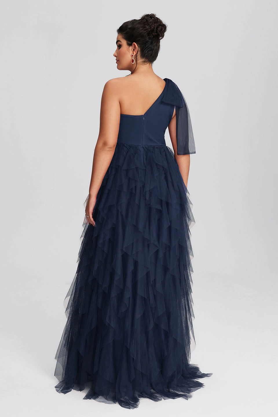 Peacock Plus Size A-Line One Shoulder Closed Back Long Prom Dress