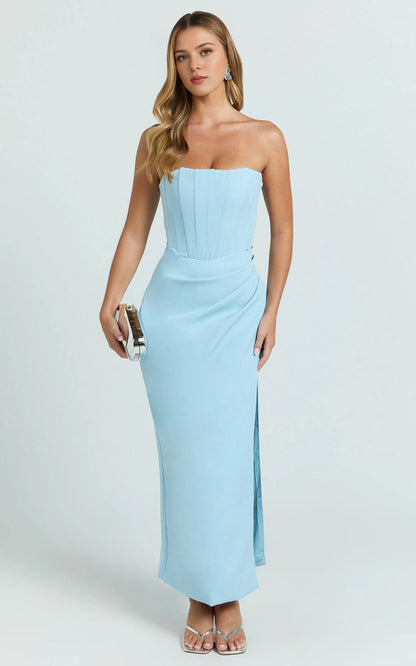 Sleek Sheath Strapless Straight Back Zipper Back Plus Size Corset Slit Midi Prom Dress