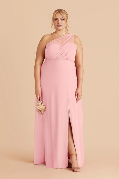 Flowy Chiffon A‑Line One‑Shoulder Sleeveless Mesh Back Slit Maxi Plus Size Bridesmaid Dress