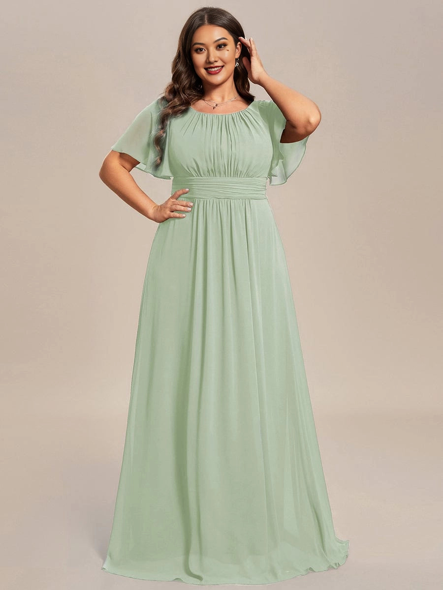 A-Line Round Neck Flutter Sleeve Back Zipper Floor Length Plus Size Floral Chiffon Wedding Guest Dress