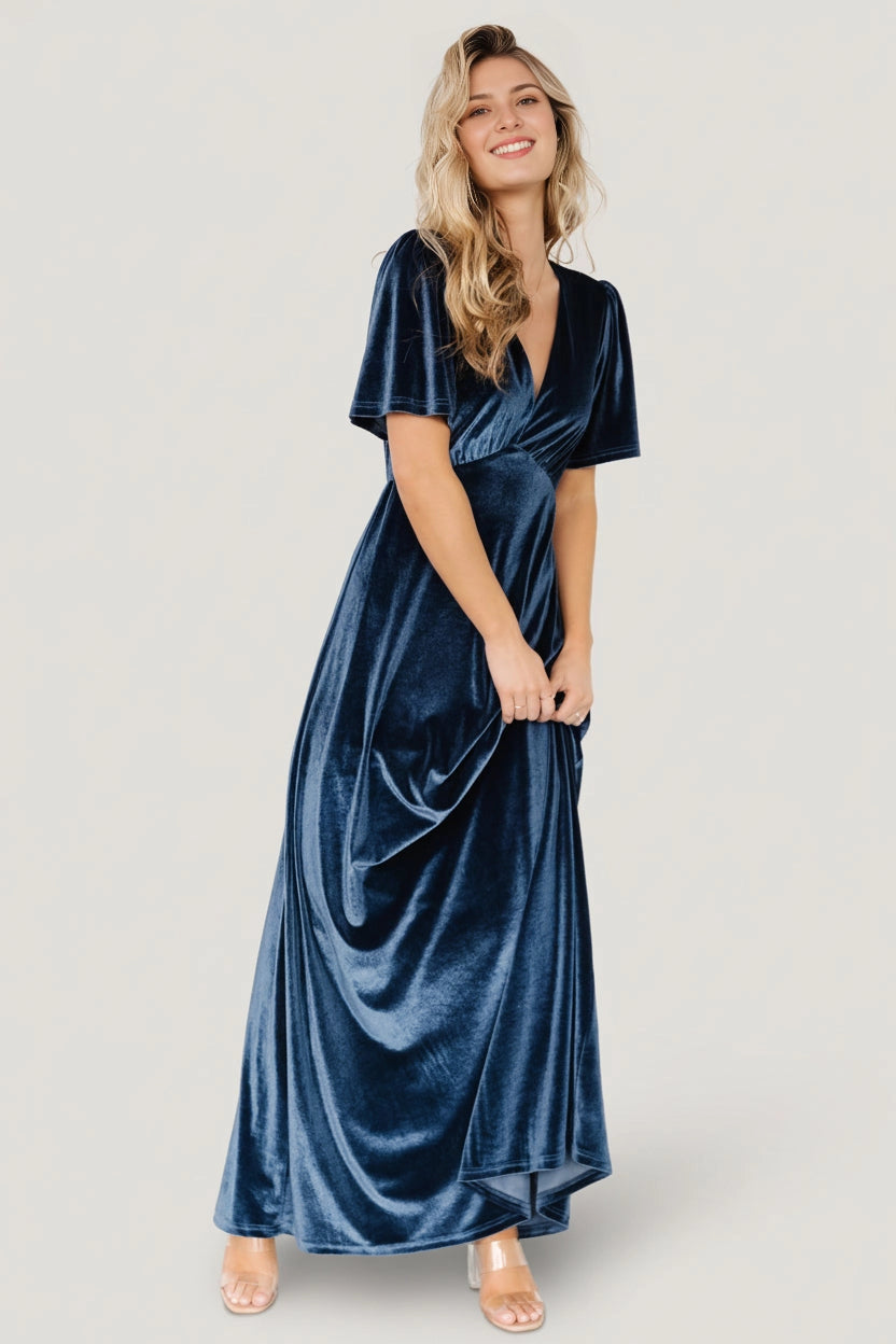 Elegant A‑Line V‑Neck Short‑Sleeve Keyhole‑Back Floor‑Length Mother Of Bride Dress