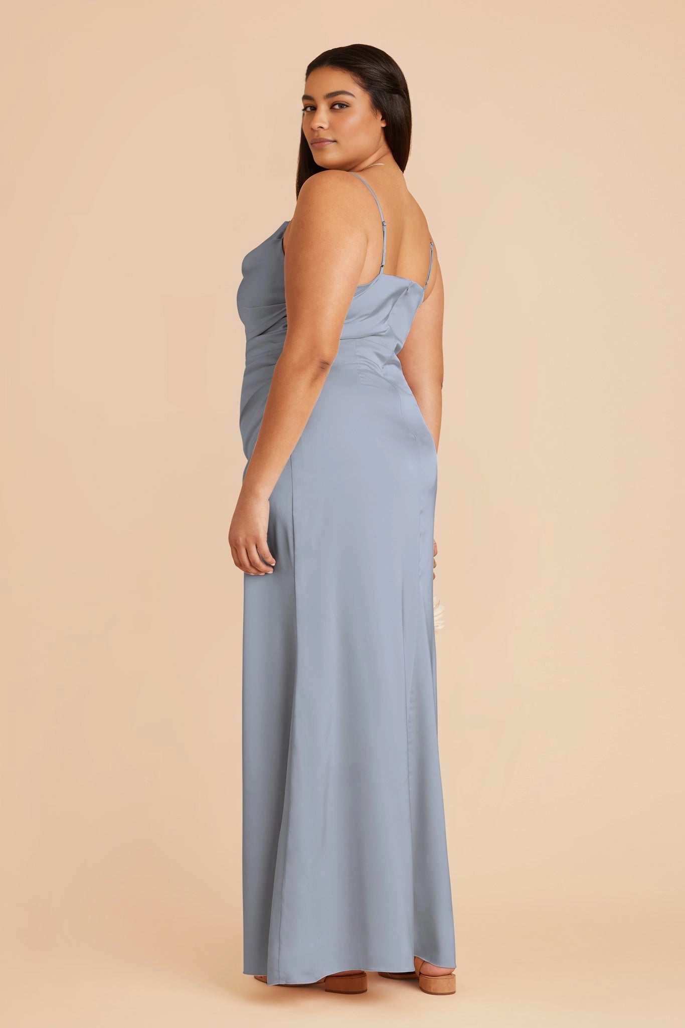 Elegant Satin Sheath Cowl Neck Spaghetti Strap Zipper Back Floor Length Plus Size Bridesmaid Dress
