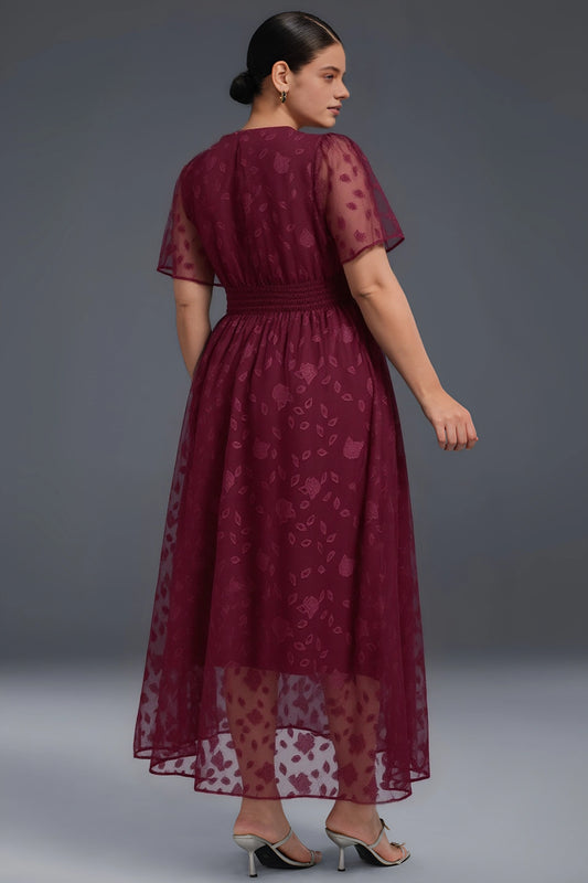 back view wine red curvy formal midi dress modest full back zip flocked mesh party dress