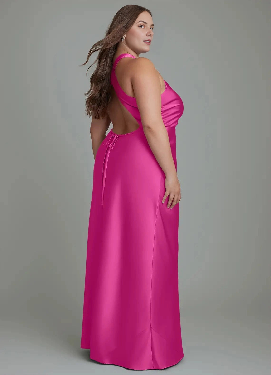Chocolat Plus Sizee Satin Mermaid Halter Sleeveless Open Back Maxi Bridesmaid Dress