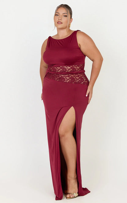 Scoop Back Lace Waist Cutout High Slit Bodycon Plus Size Wedding Guest Dress