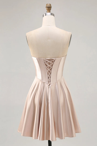 Back view RoselleDress champagne lace up back corset mini dress satin homecoming gown