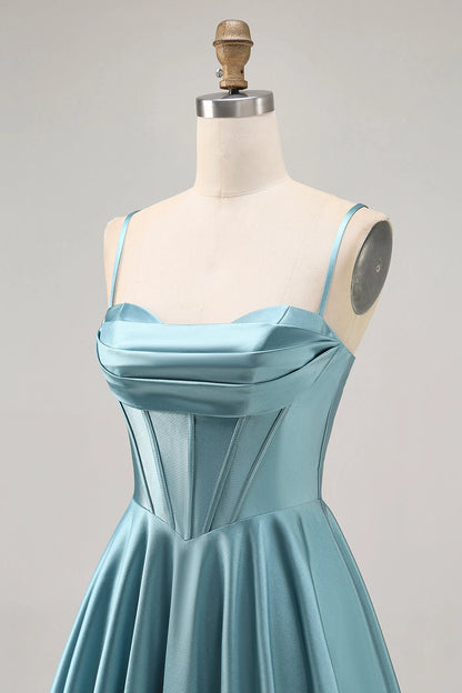 Light Blue A-Line Cowl Spaghetti Strap Lace Up Back Mini Homecoming Dress