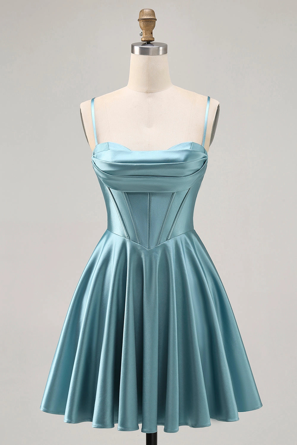 RoselleDress dusty blue spaghetti strap corset mini homecoming dress cowl a-line satin party gown
