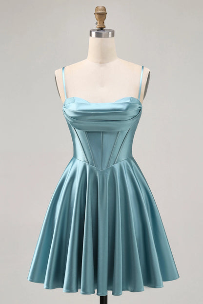 RoselleDress dusty blue spaghetti strap corset mini homecoming dress cowl a-line satin party gown