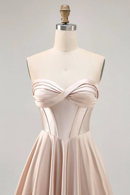 Champagne A-Line Twist Strapless Lace Up Back Mini Homecoming Dress