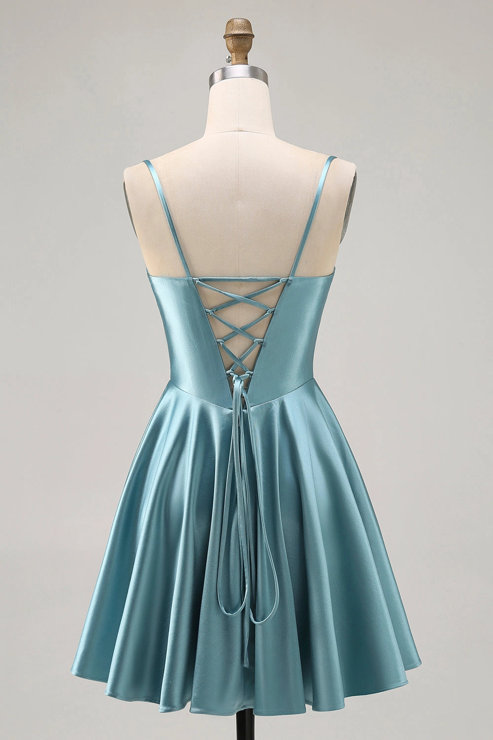 Back view RoselleDress dusty blue lace up back corset mini dress satin homecoming gown