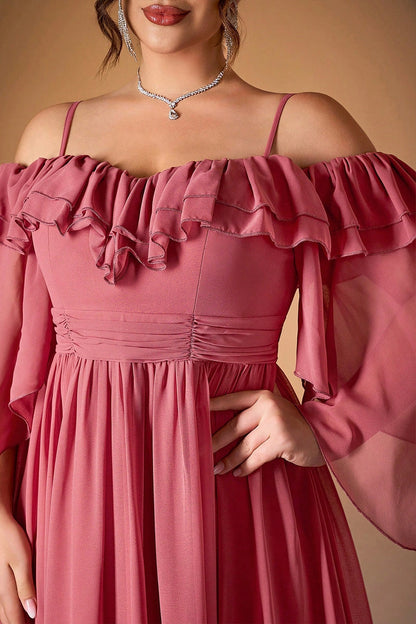 Plus Size Rose gold A Line Off Shoulder Flare Sleeve Plain Back Long Prom Dress