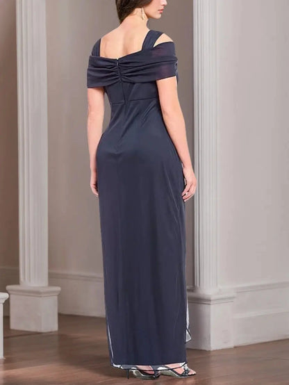 Roselledress curvy navy formal gown draped zip back cold shoulder mesh floor length wedding guest dress
