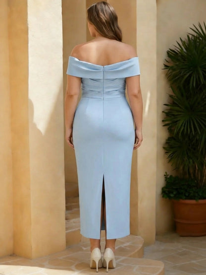back view roselledress plus size mermaid midi mother dress off shoulder open back invisible zipper back slit light blue stretch formal dress