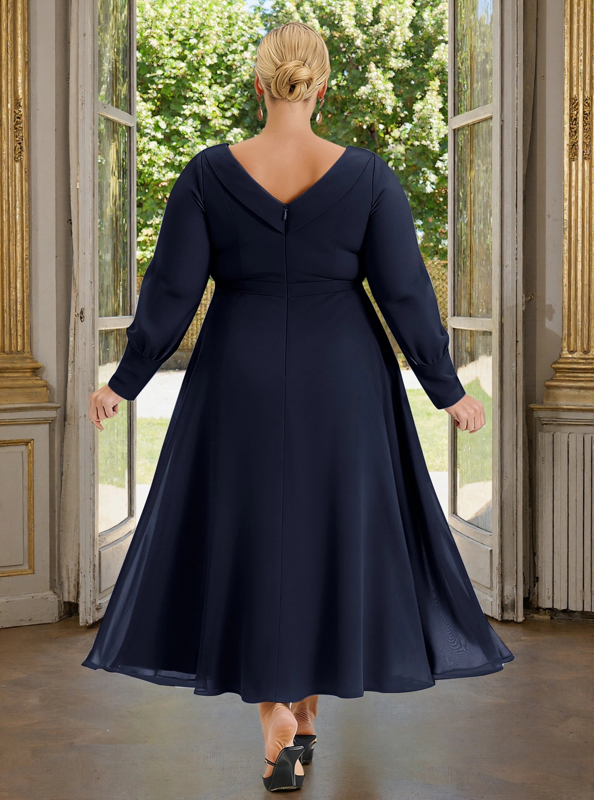 Roselledress navy chiffon tea‑length formal dress deep v‑back long sleeve plus size evening gown back view