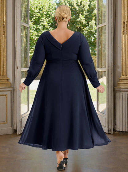 Roselledress navy chiffon tea‑length formal dress deep v‑back long sleeve plus size evening gown back view