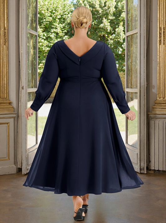 Roselledress navy chiffon tea‑length formal dress deep v‑back long sleeve plus size evening gown back view