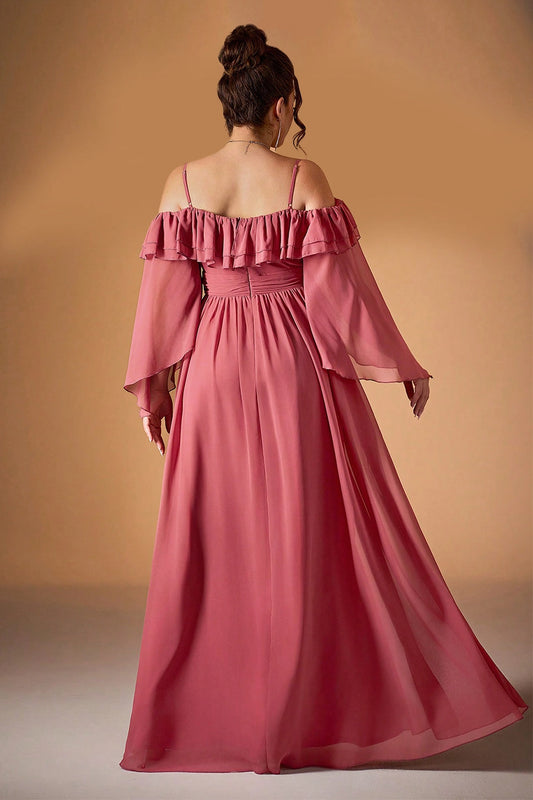 Roselledress plus size formal dress off‑shoulder plain back chiffon long prom dress rear view