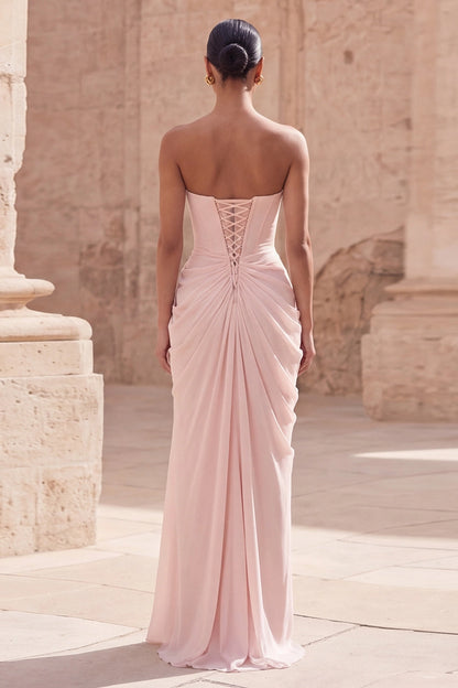 Roselledress nude pink corset lace up back formal gown strapless draped maxi prom dress
