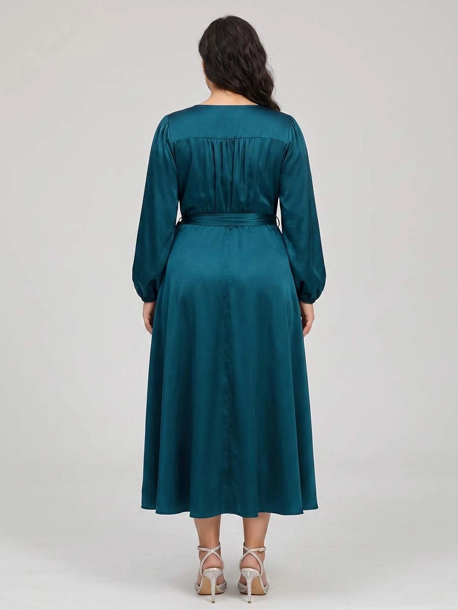Roselledress plus size formal prom dress back view, gathered back design long puff sleeve elegant satin midi evening dress