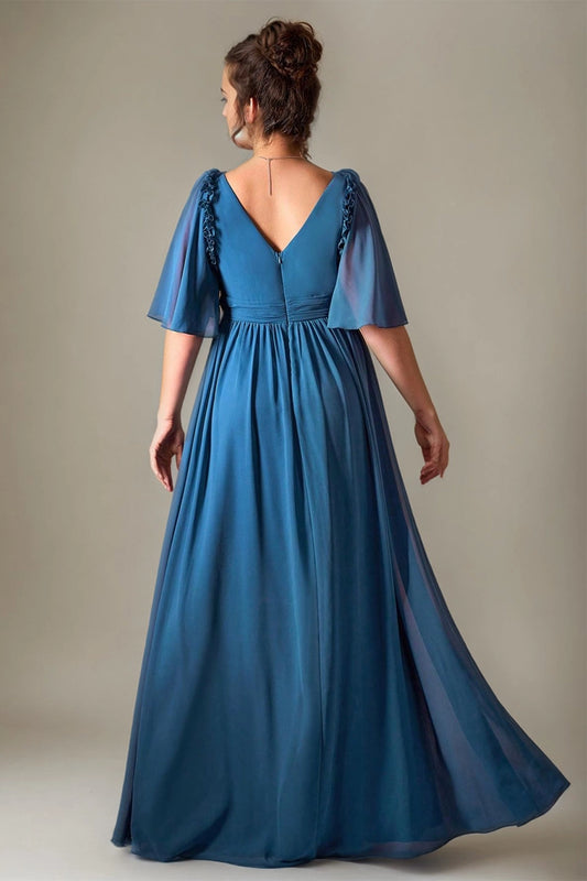 Roselledress plus size formal dress v zipper back ruffle shoulder long prom dress rear view