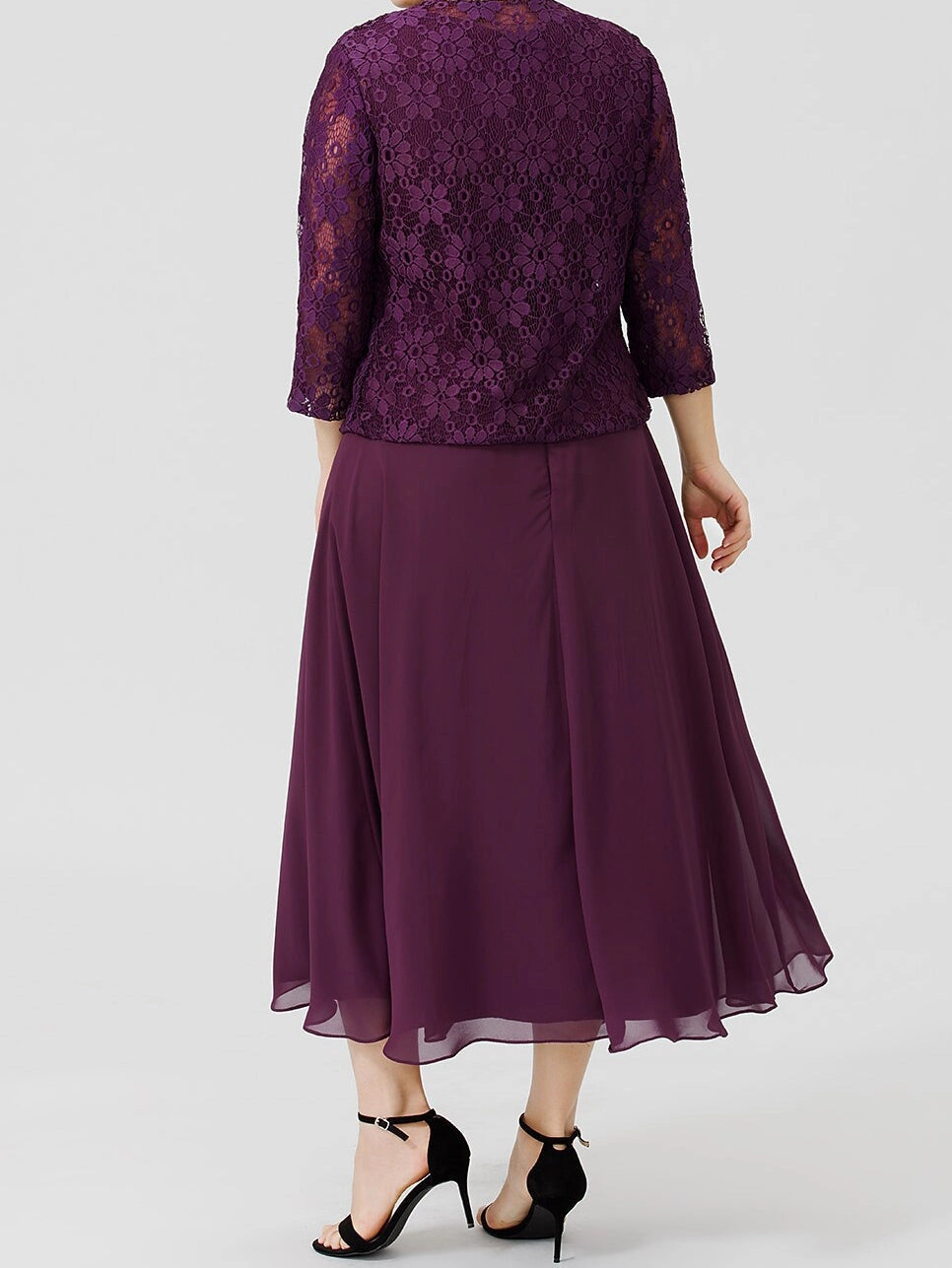 back view roselledress plus size two piece mother of bride midi dress full floral lace 3/4 sleeve jacket solid back chiffon midi skirt plum formal outfit