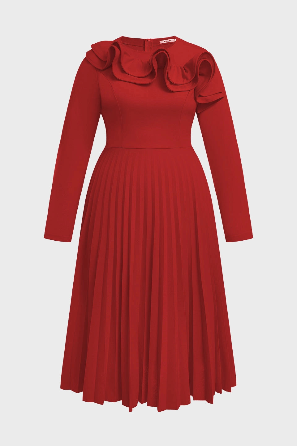 Red Plus Size A‑Line Ruffle Round‑Neck Long‑Sleeve Zip‑Back Midi Prom Dress