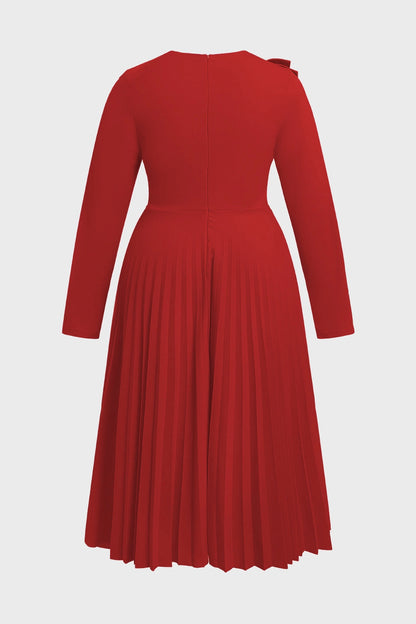 Red Plus Size A‑Line Ruffle Round‑Neck Long‑Sleeve Zip‑Back Midi Prom Dress