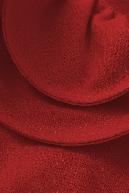 Red Plus Size A‑Line Ruffle Round‑Neck Long‑Sleeve Zip‑Back Midi Prom Dress